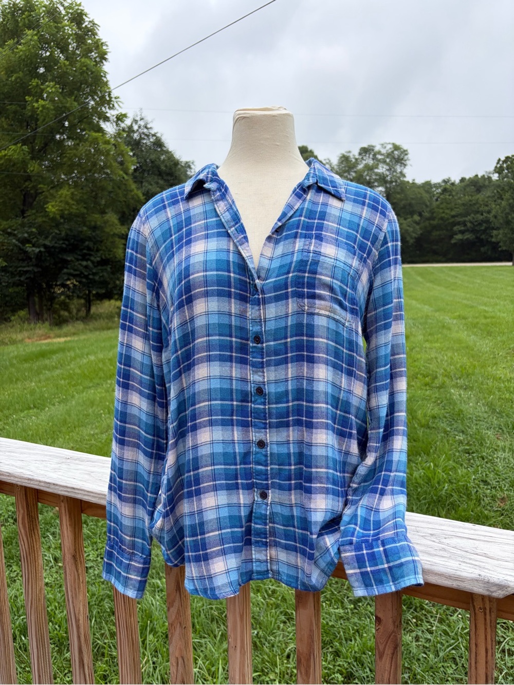 Lucky Brand Womens Blue Plaid Long Sleeve Button Up Shirt Pocket Size Med Boho